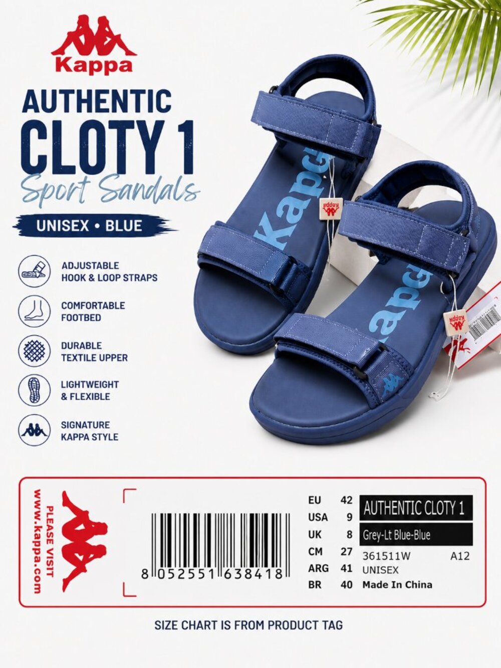 NWT Kappa Authentic Cloty 1 Sport Sandals Blue Unisex Size 9